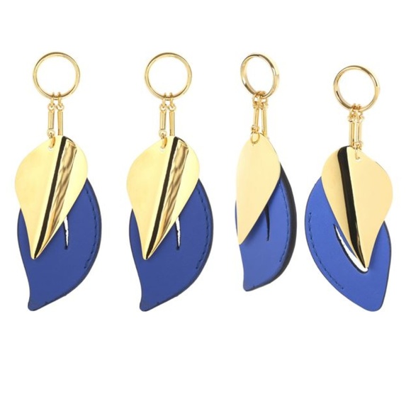 Marni Earrings, blue leather leaf with brass leaf